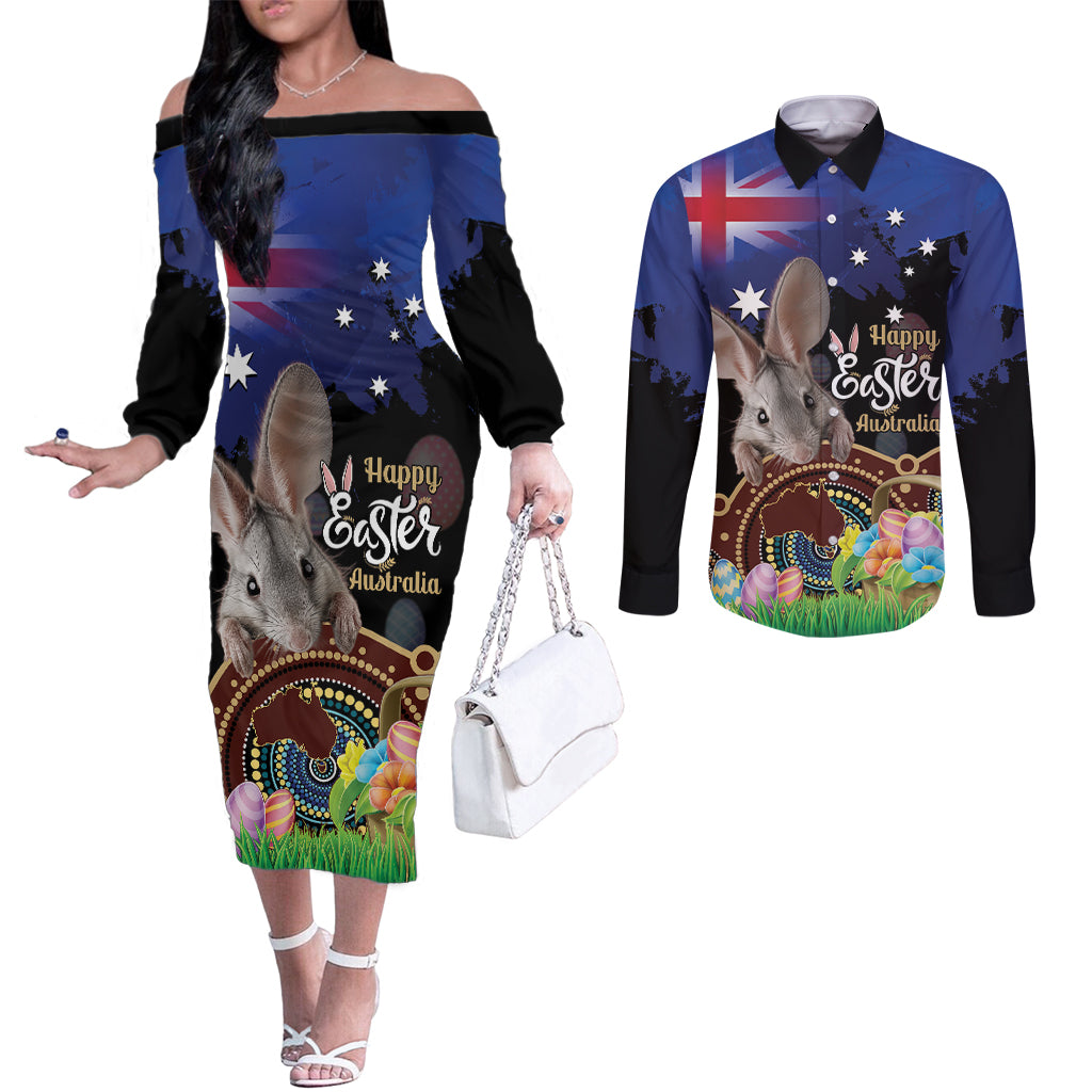 Personalised Australia Easter Day Couples Matching Off The Shoulder Long Sleeve Dress and Long Sleeve Button Shirt Aussie Bilby Aboriginal Art