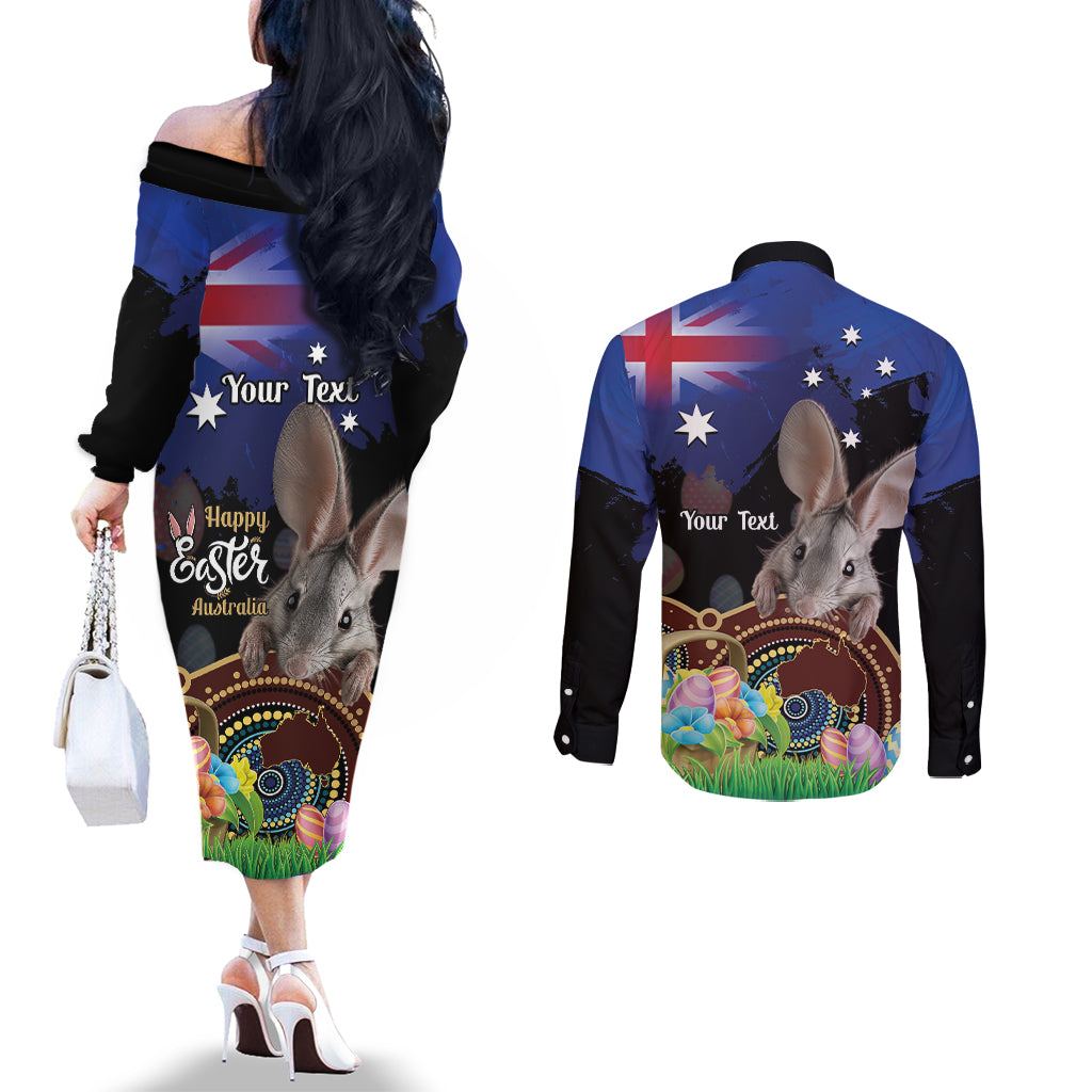 Personalised Australia Easter Day Couples Matching Off The Shoulder Long Sleeve Dress and Long Sleeve Button Shirt Aussie Bilby Aboriginal Art