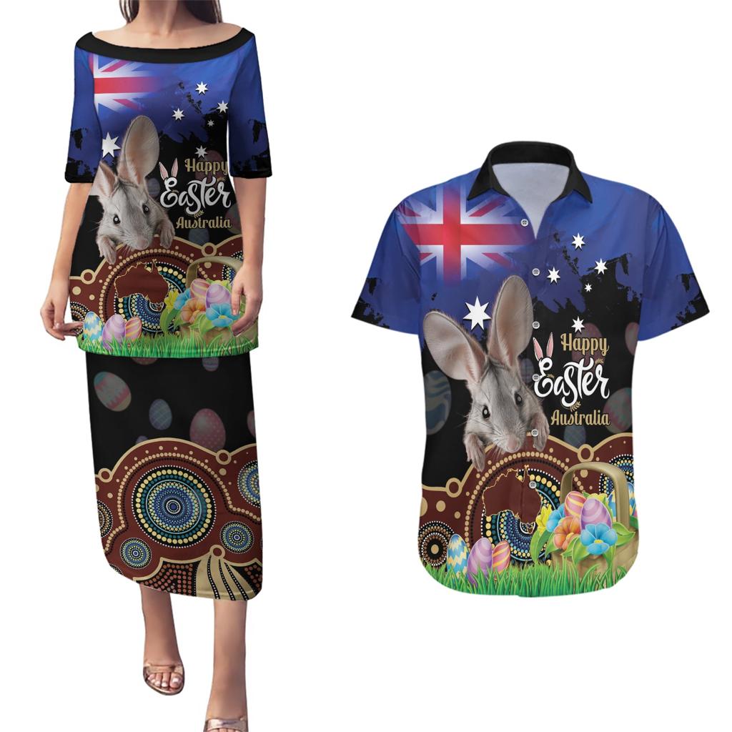 Personalised Australia Easter Day Couples Matching Puletasi and Hawaiian Shirt Aussie Bilby Aboriginal Art