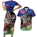 Personalised Australia Easter Day Couples Matching Short Sleeve Bodycon Dress and Hawaiian Shirt Aussie Bilby Aboriginal Art