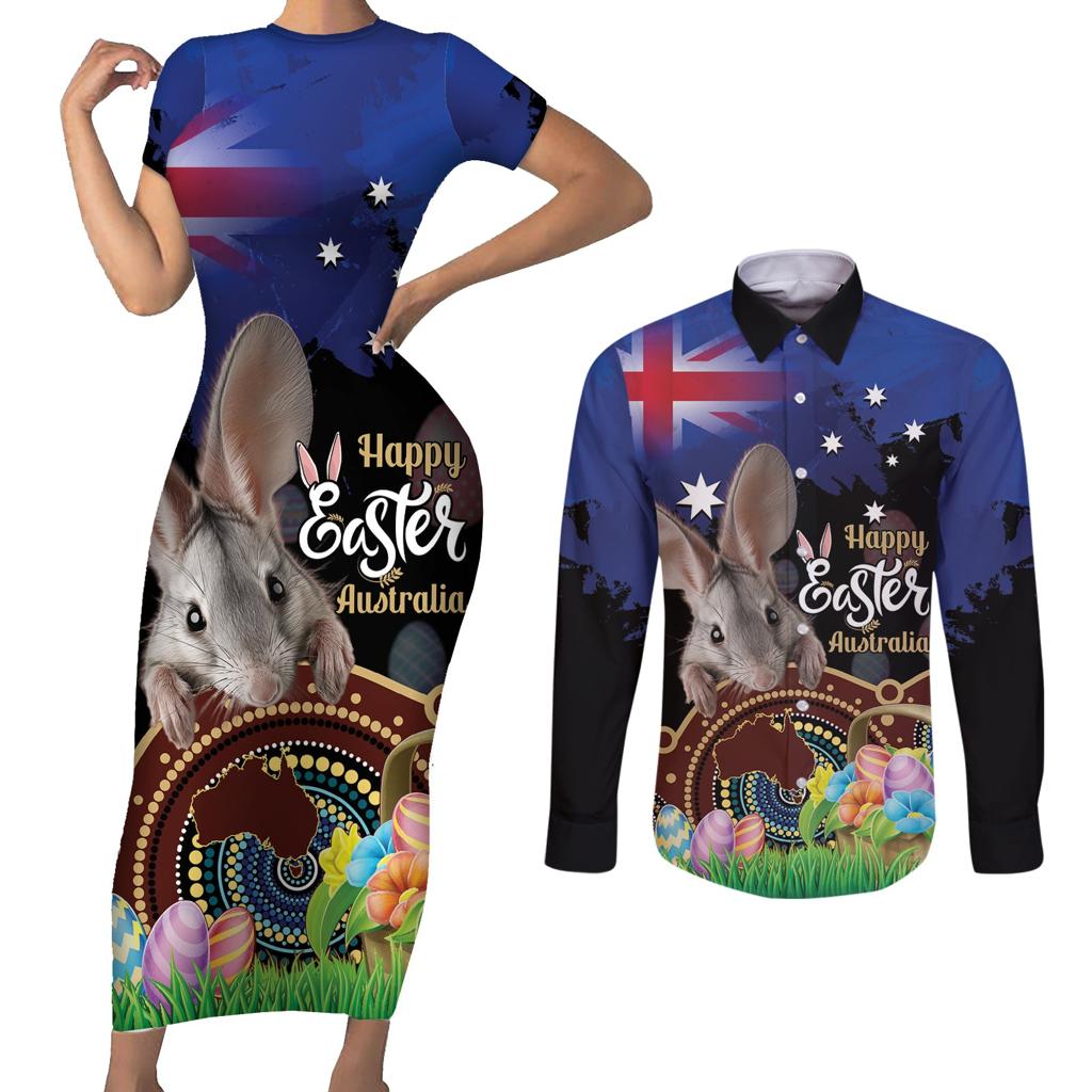 Personalised Australia Easter Day Couples Matching Short Sleeve Bodycon Dress and Long Sleeve Button Shirt Aussie Bilby Aboriginal Art