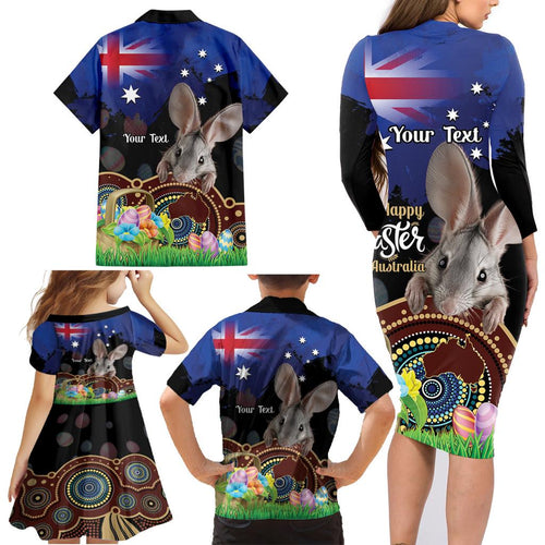 Personalised Australia Easter Day Family Matching Long Sleeve Bodycon Dress and Hawaiian Shirt Aussie Bilby Aboriginal Art