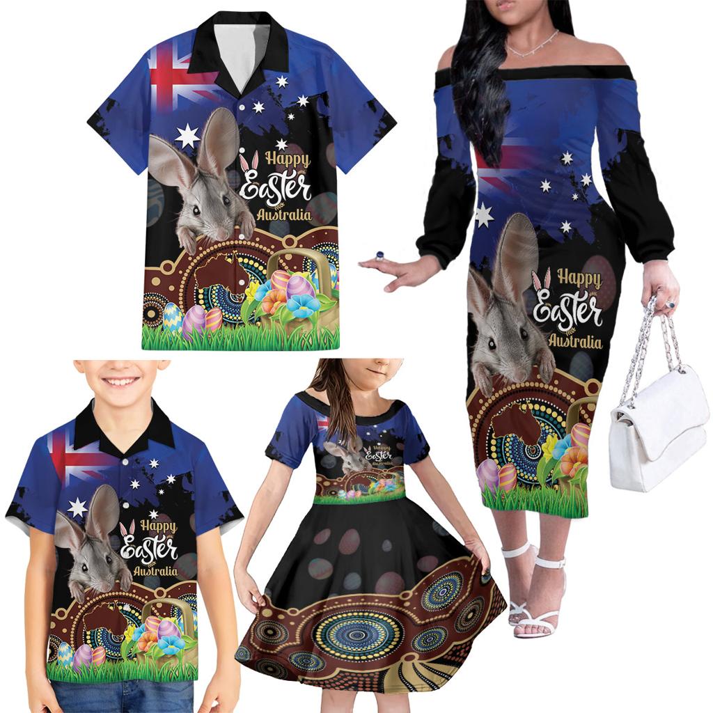 Personalised Australia Easter Day Family Matching Off The Shoulder Long Sleeve Dress and Hawaiian Shirt Aussie Bilby Aboriginal Art