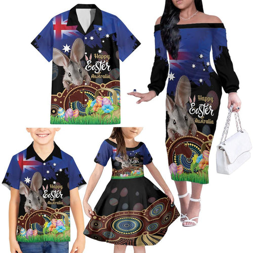 Personalised Australia Easter Day Family Matching Off The Shoulder Long Sleeve Dress and Hawaiian Shirt Aussie Bilby Aboriginal Art