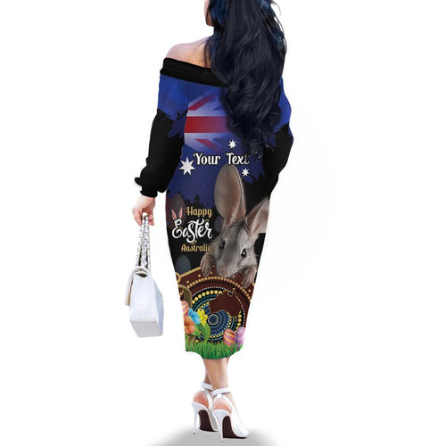 Personalised Australia Easter Day Family Matching Off The Shoulder Long Sleeve Dress and Hawaiian Shirt Aussie Bilby Aboriginal Art