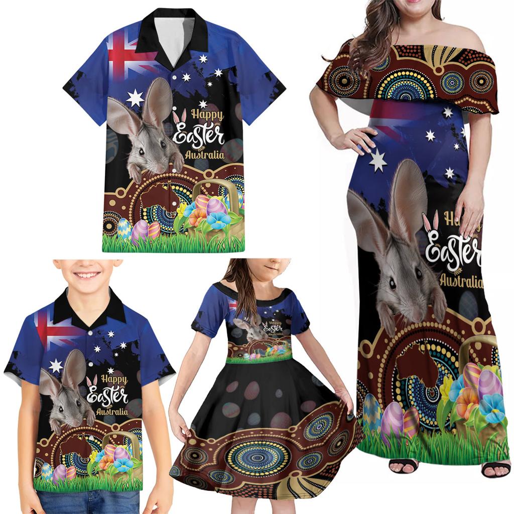 Personalised Australia Easter Day Family Matching Off Shoulder Maxi Dress and Hawaiian Shirt Aussie Bilby Aboriginal Art