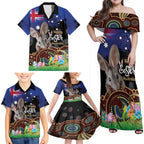Personalised Australia Easter Day Family Matching Off Shoulder Maxi Dress and Hawaiian Shirt Aussie Bilby Aboriginal Art