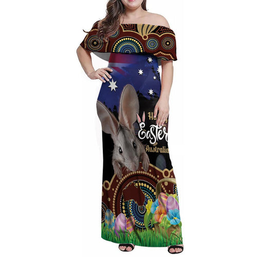 Personalised Australia Easter Day Family Matching Off Shoulder Maxi Dress and Hawaiian Shirt Aussie Bilby Aboriginal Art