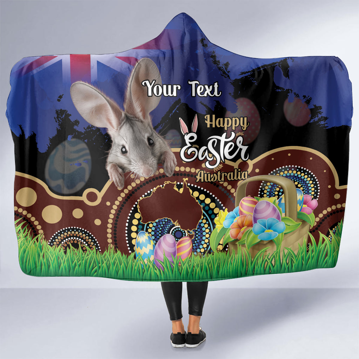Personalised Australia Easter Day Hooded Blanket Aussie Bilby Aboriginal Art