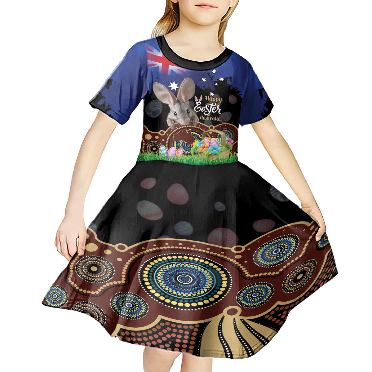 Personalised Australia Easter Day Kid Short Sleeve Dress Aussie Bilby Aboriginal Art