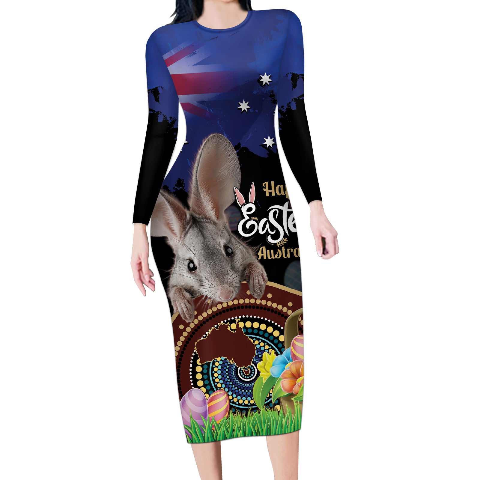 Personalised Australia Easter Day Long Sleeve Bodycon Dress Aussie Bilby Aboriginal Art