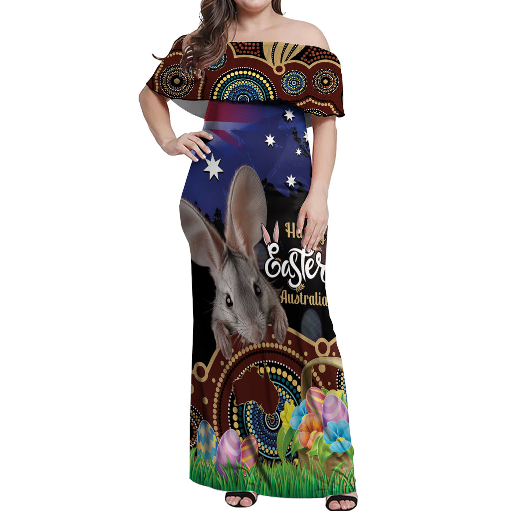 Personalised Australia Easter Day Off Shoulder Maxi Dress Aussie Bilby Aboriginal Art