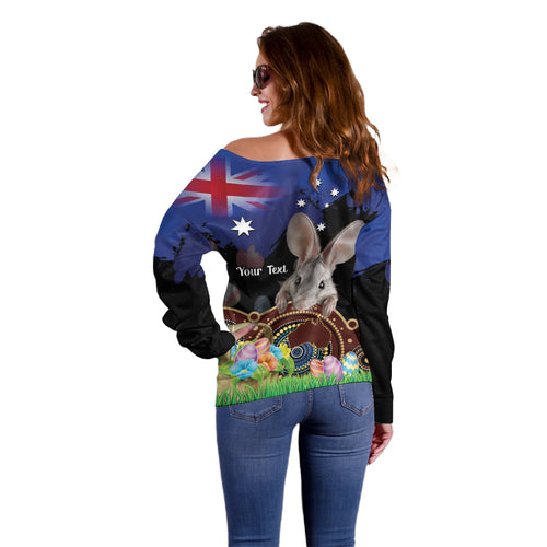 Personalised Australia Easter Day Off Shoulder Sweater Aussie Bilby Aboriginal Art