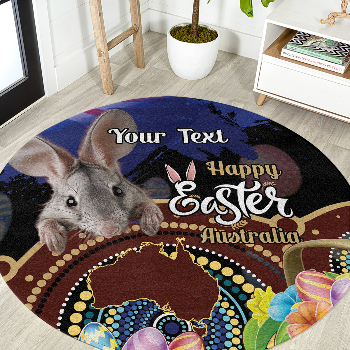 Personalised Australia Easter Day Round Carpet Aussie Bilby Aboriginal Art