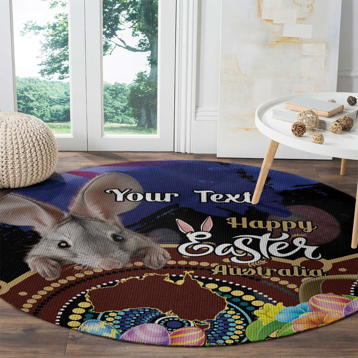 Personalised Australia Easter Day Round Carpet Aussie Bilby Aboriginal Art