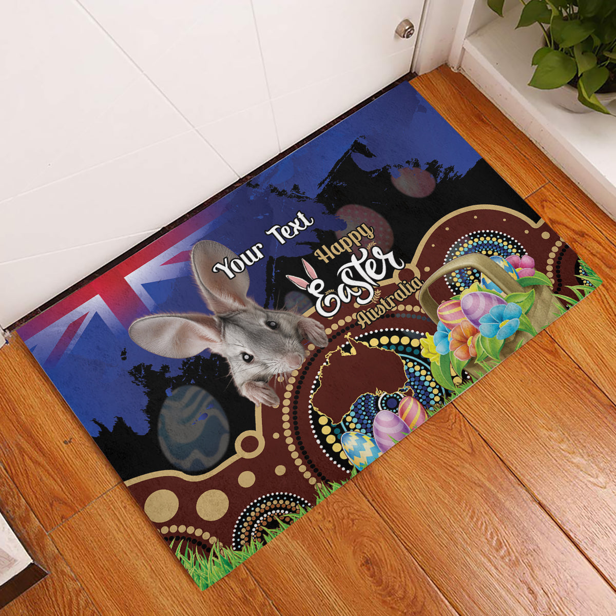 Personalised Australia Easter Day Rubber Doormat Aussie Bilby Aboriginal Art