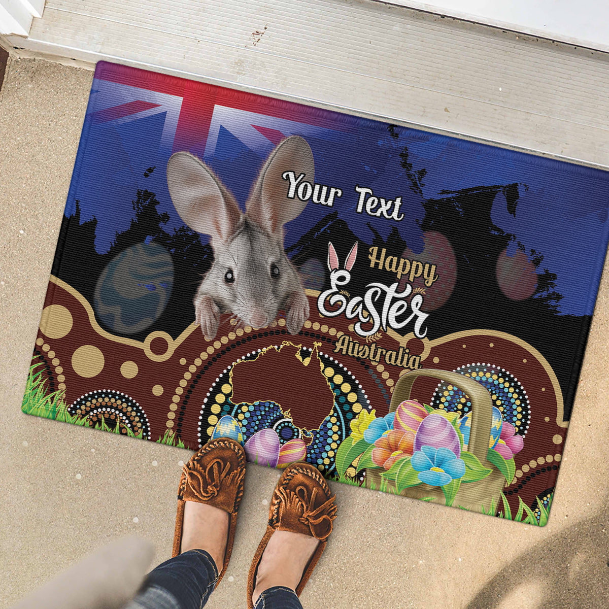 Personalised Australia Easter Day Rubber Doormat Aussie Bilby Aboriginal Art