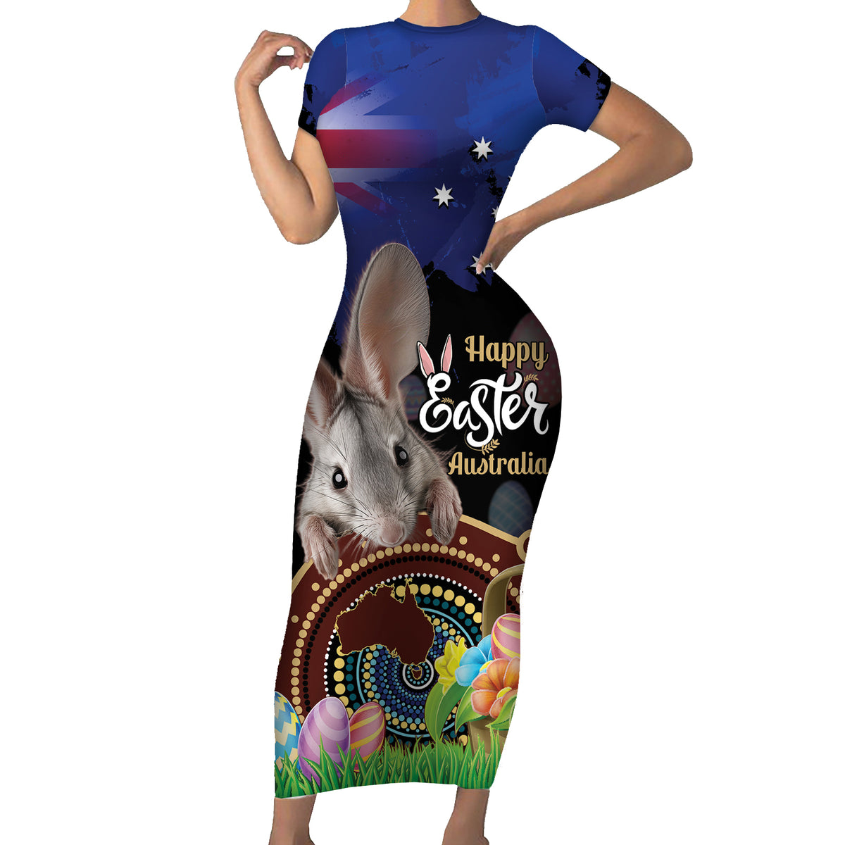 Personalised Australia Easter Day Short Sleeve Bodycon Dress Aussie Bilby Aboriginal Art