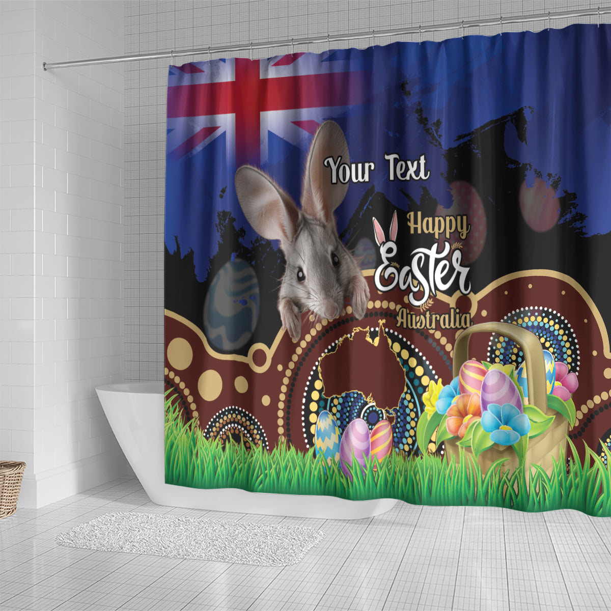 Personalised Australia Easter Day Shower Curtain Aussie Bilby Aboriginal Art