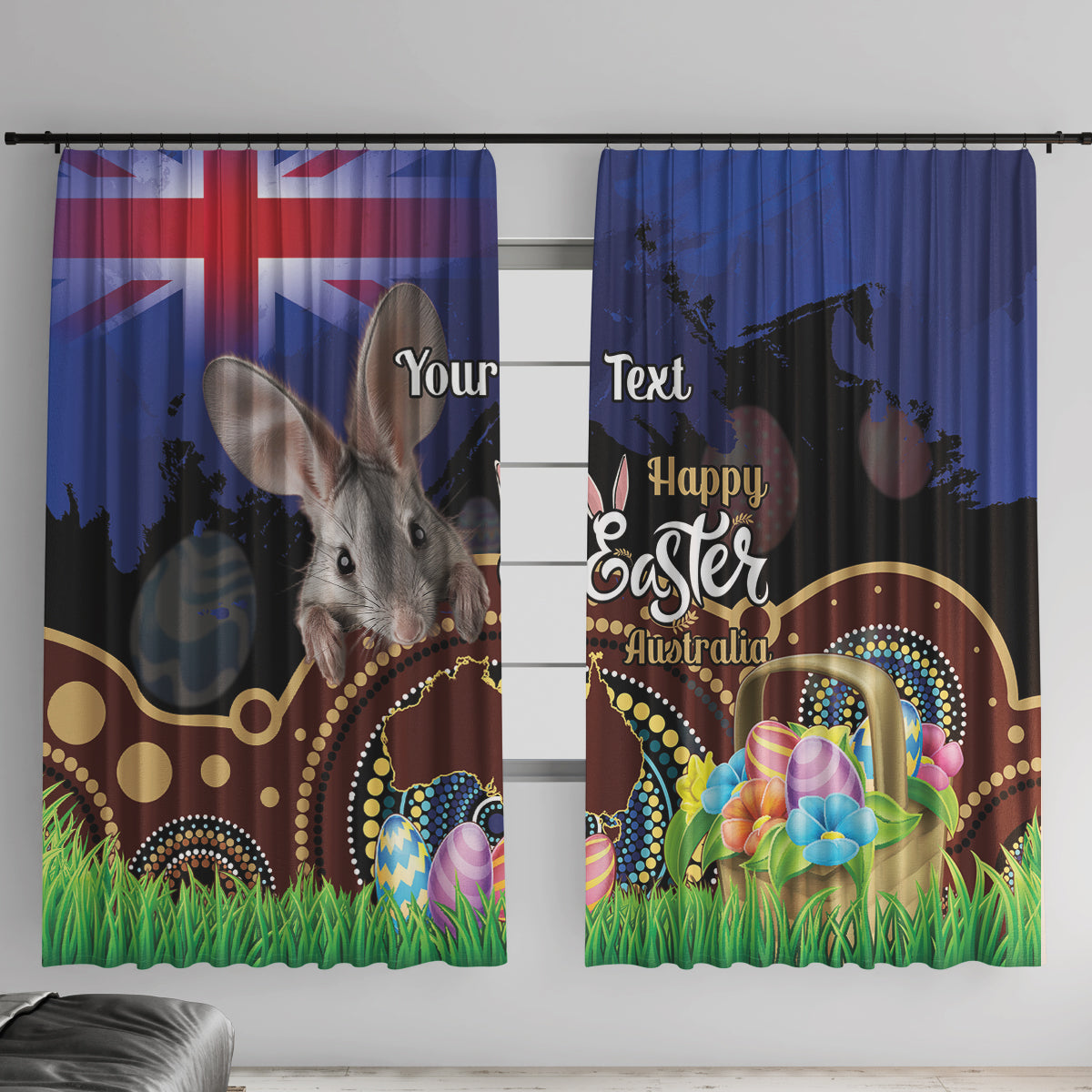 Personalised Australia Easter Day Window Curtain Aussie Bilby Aboriginal Art