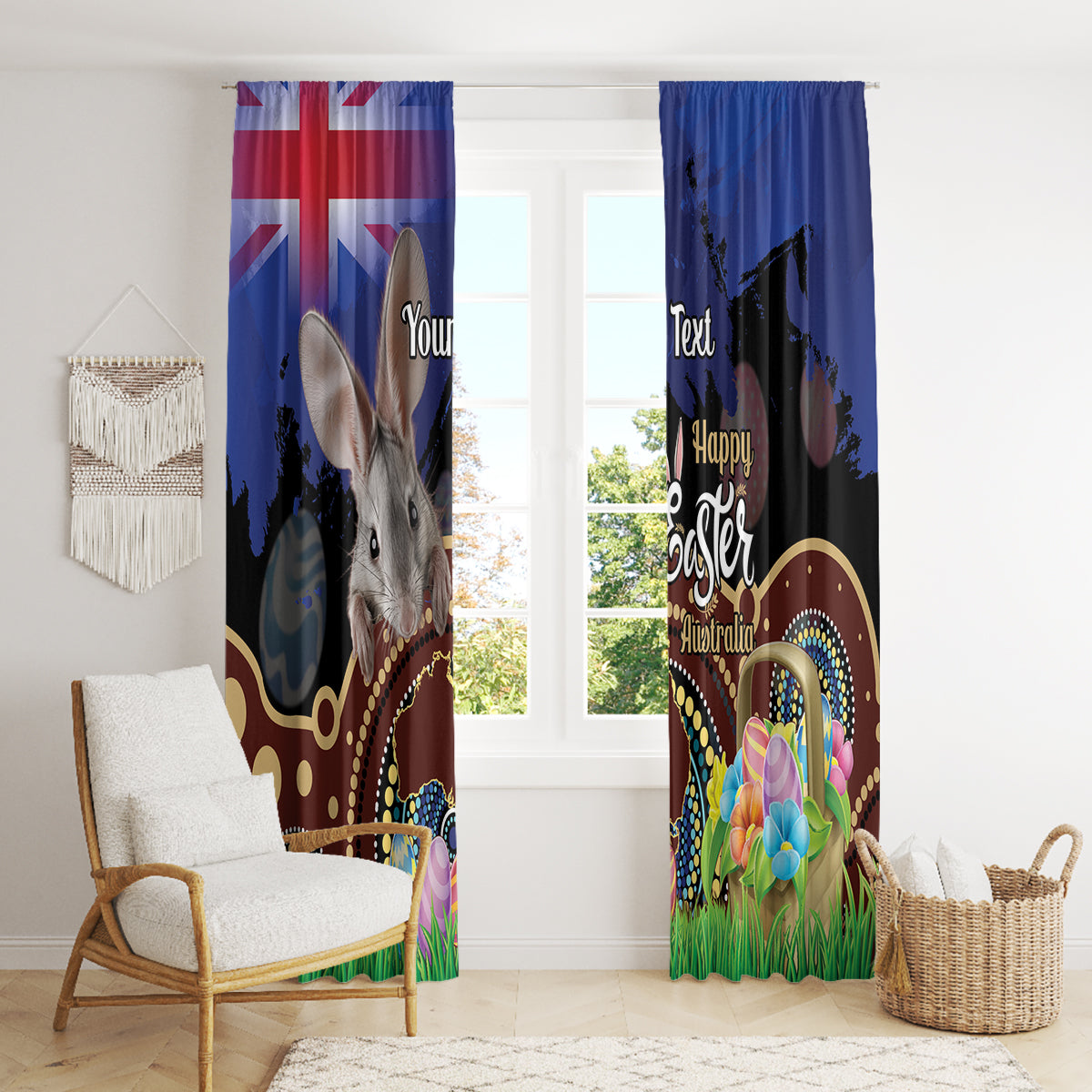 Personalised Australia Easter Day Window Curtain Aussie Bilby Aboriginal Art