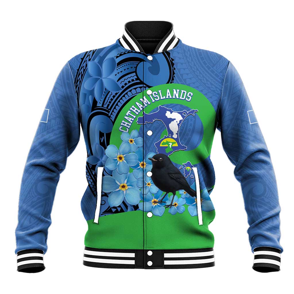 New Zealand Chatham Islands Baseball Jacket Wharekauri Forget Me Not With Black Robin