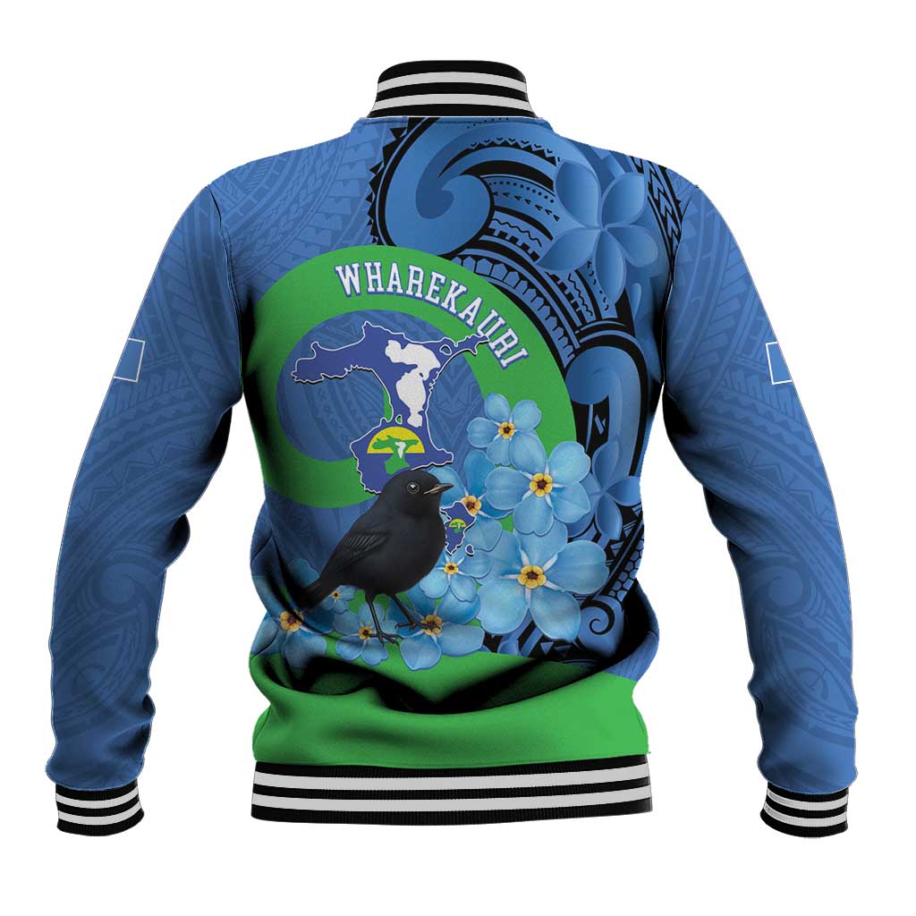 New Zealand Chatham Islands Baseball Jacket Wharekauri Forget Me Not With Black Robin