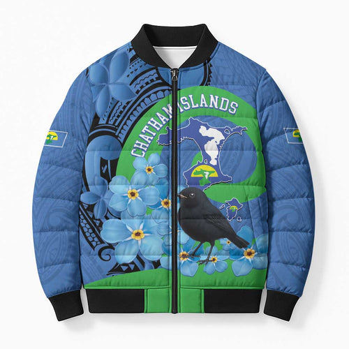New Zealand Chatham Islands Bomber Puffer Jacket Wharekauri Forget Me Not With Black Robin - Aussie Hoodie