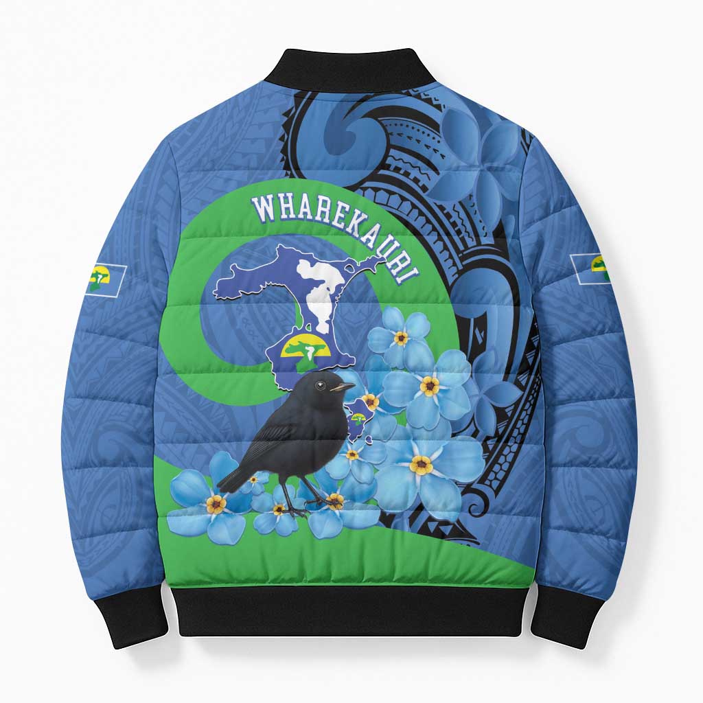 New Zealand Chatham Islands Bomber Puffer Jacket Wharekauri Forget Me Not With Black Robin - Aussie Hoodie