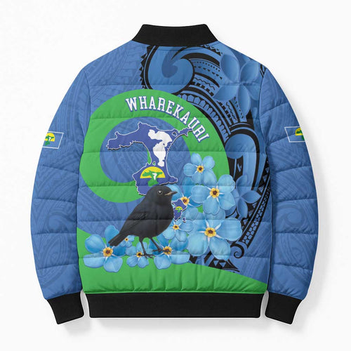New Zealand Chatham Islands Bomber Puffer Jacket Wharekauri Forget Me Not With Black Robin - Aussie Hoodie