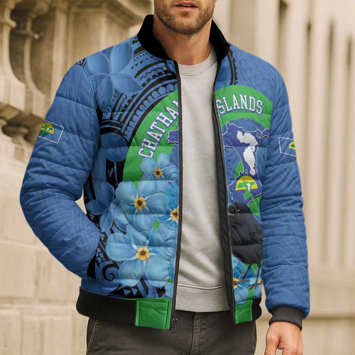 New Zealand Chatham Islands Bomber Puffer Jacket Wharekauri Forget Me Not With Black Robin - Aussie Hoodie