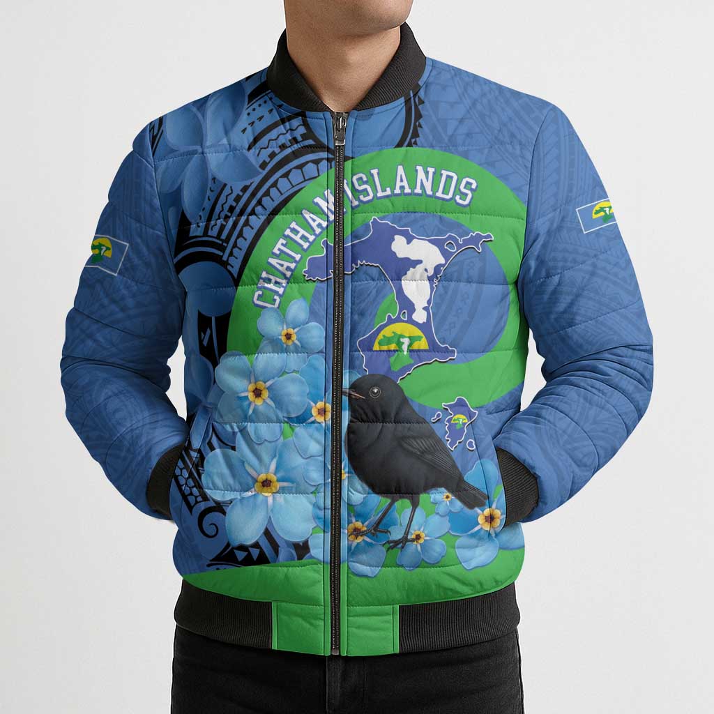 New Zealand Chatham Islands Bomber Puffer Jacket Wharekauri Forget Me Not With Black Robin - Aussie Hoodie