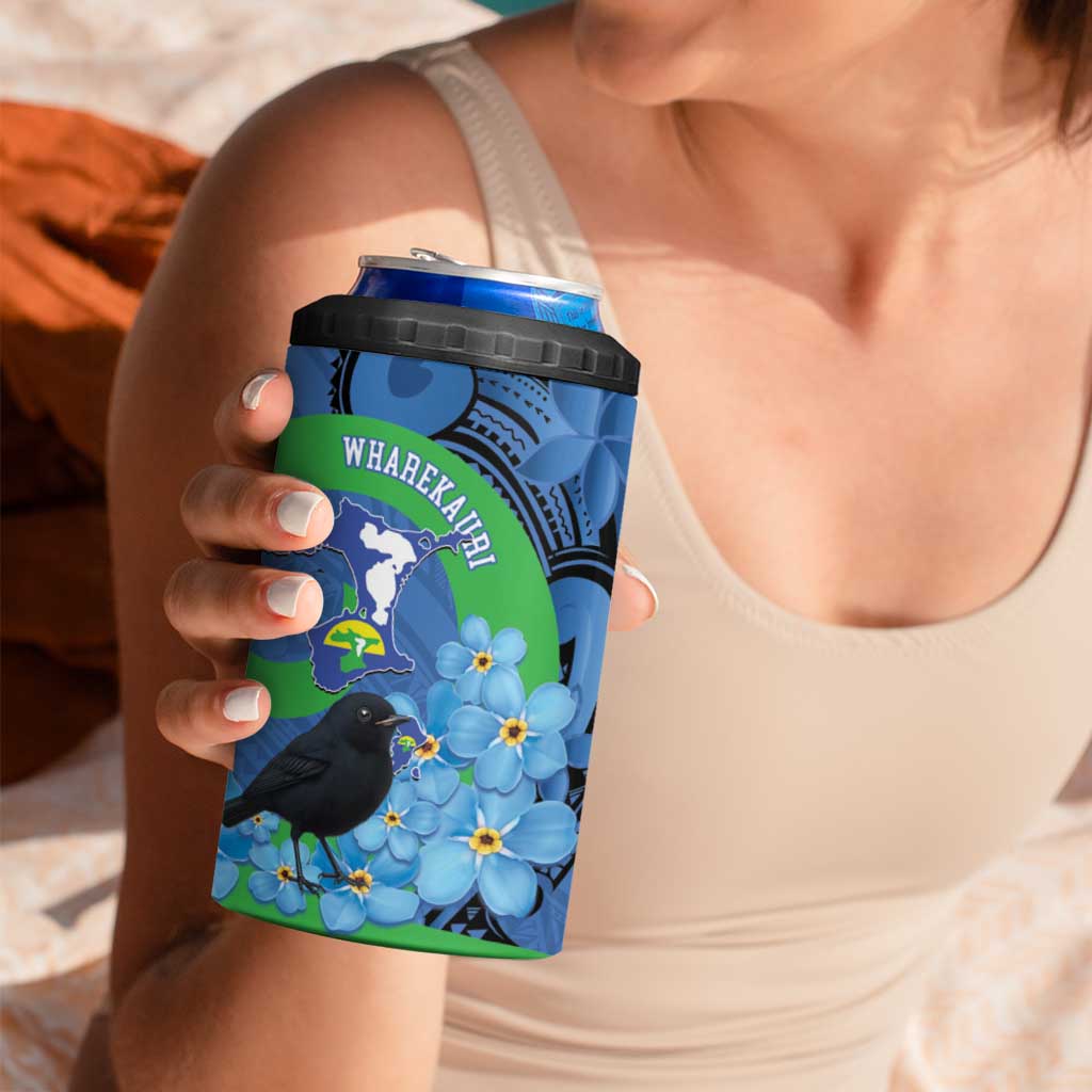 New Zealand Chatham Islands 4 in 1 Can Cooler Tumbler Wharekauri Forget Me Not With Black Robin