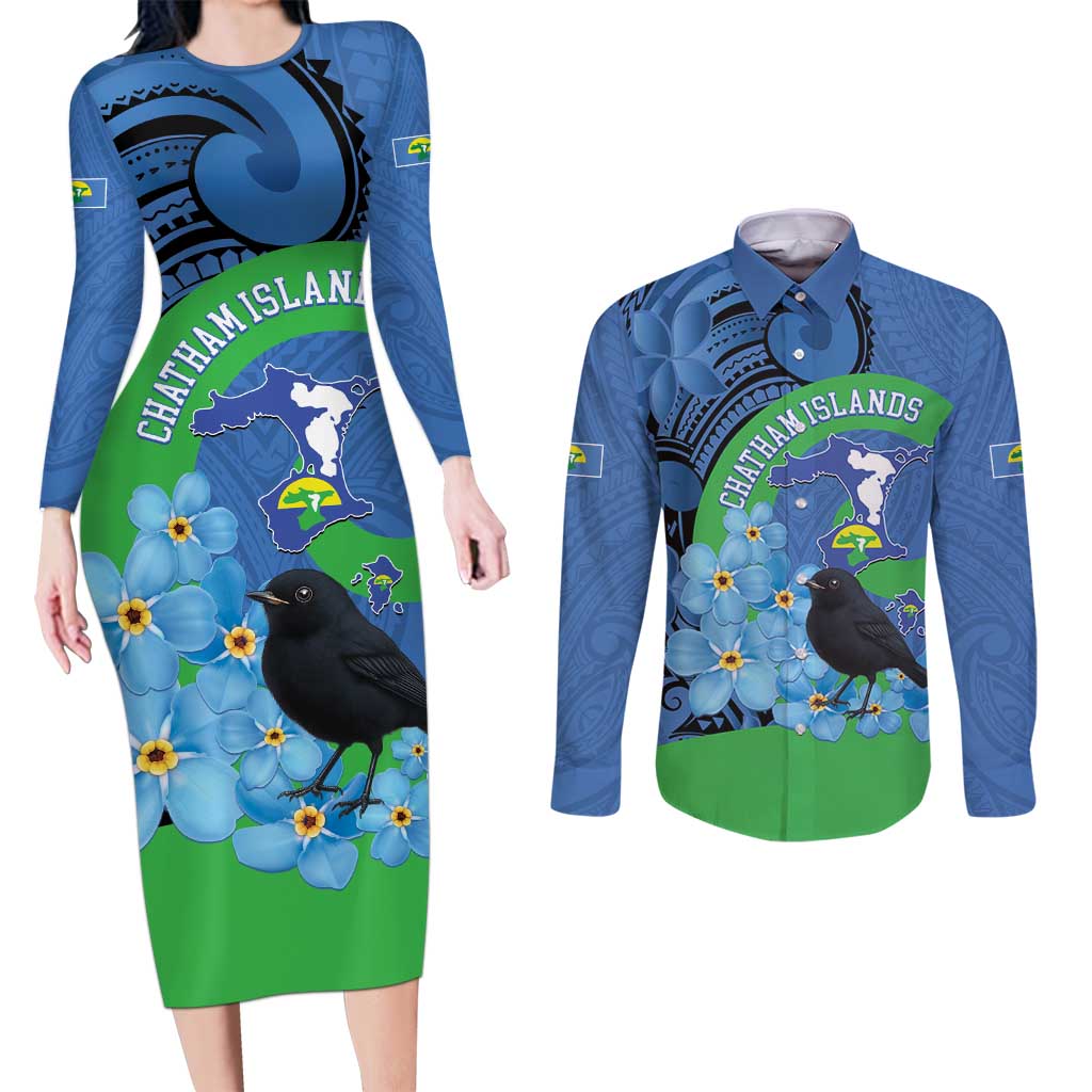 New Zealand Chatham Islands Couples Matching Long Sleeve Bodycon Dress and Long Sleeve Button Shirt Wharekauri Forget Me Not With Black Robin