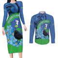 New Zealand Chatham Islands Couples Matching Long Sleeve Bodycon Dress and Long Sleeve Button Shirt Wharekauri Forget Me Not With Black Robin