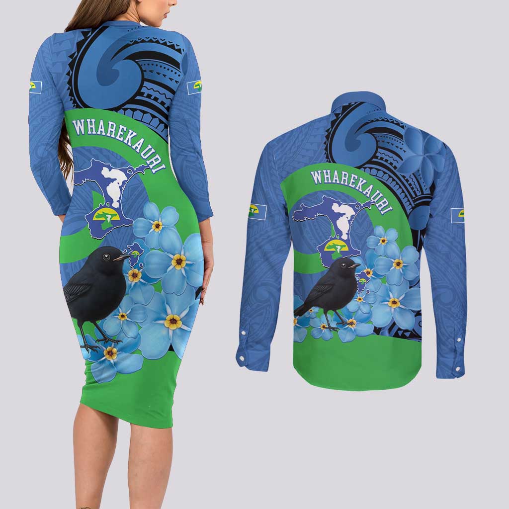 New Zealand Chatham Islands Couples Matching Long Sleeve Bodycon Dress and Long Sleeve Button Shirt Wharekauri Forget Me Not With Black Robin