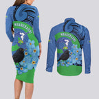 New Zealand Chatham Islands Couples Matching Long Sleeve Bodycon Dress and Long Sleeve Button Shirt Wharekauri Forget Me Not With Black Robin