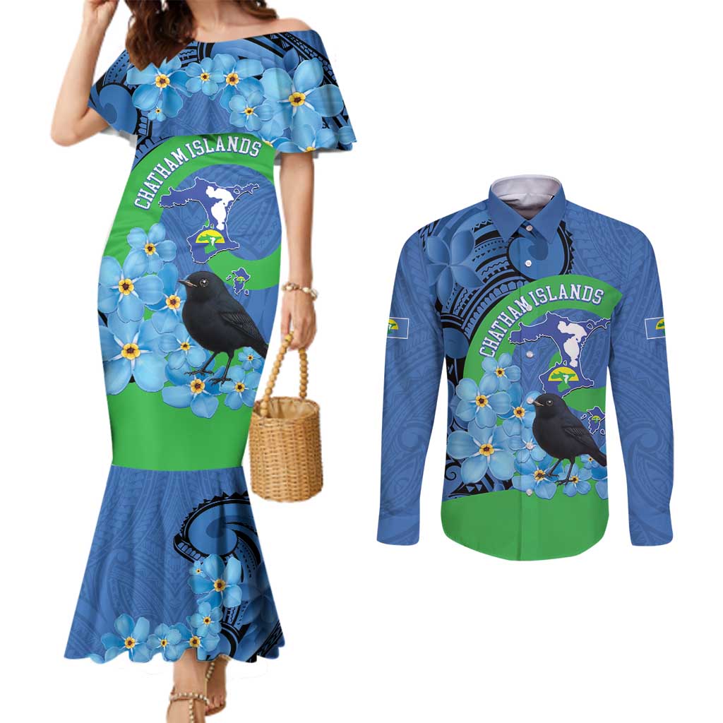 New Zealand Chatham Islands Couples Matching Mermaid Dress and Long Sleeve Button Shirt Wharekauri Forget Me Not With Black Robin
