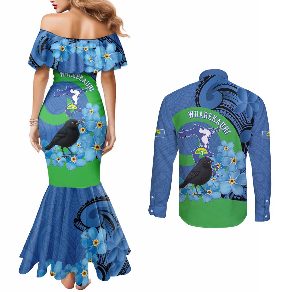 New Zealand Chatham Islands Couples Matching Mermaid Dress and Long Sleeve Button Shirt Wharekauri Forget Me Not With Black Robin