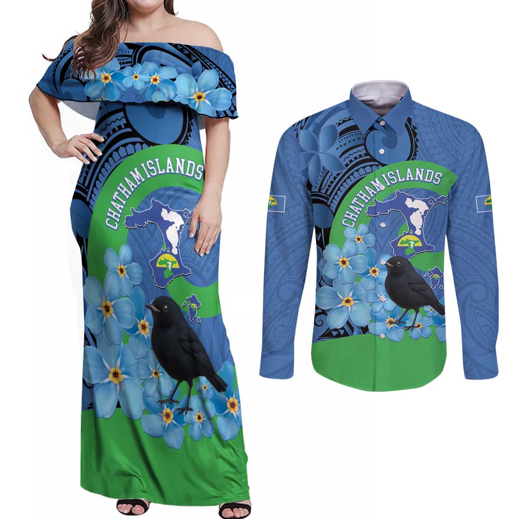 New Zealand Chatham Islands Couples Matching Off Shoulder Maxi Dress and Long Sleeve Button Shirt Wharekauri Forget Me Not With Black Robin