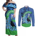 New Zealand Chatham Islands Couples Matching Off Shoulder Maxi Dress and Long Sleeve Button Shirt Wharekauri Forget Me Not With Black Robin