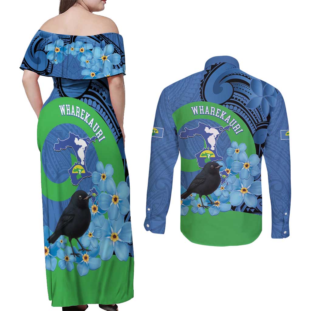 New Zealand Chatham Islands Couples Matching Off Shoulder Maxi Dress and Long Sleeve Button Shirt Wharekauri Forget Me Not With Black Robin