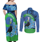 New Zealand Chatham Islands Couples Matching Off Shoulder Maxi Dress and Long Sleeve Button Shirt Wharekauri Forget Me Not With Black Robin