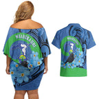New Zealand Chatham Islands Couples Matching Off Shoulder Short Dress and Hawaiian Shirt Wharekauri Forget Me Not With Black Robin
