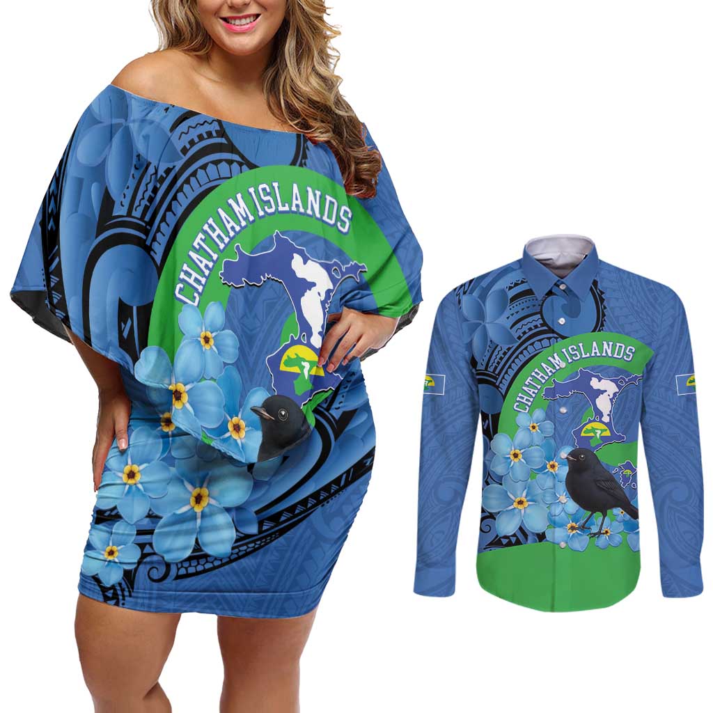 New Zealand Chatham Islands Couples Matching Off Shoulder Short Dress and Long Sleeve Button Shirt Wharekauri Forget Me Not With Black Robin