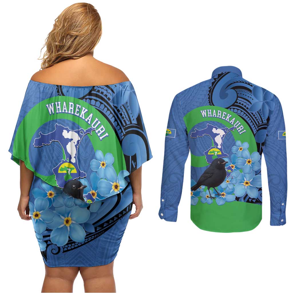 New Zealand Chatham Islands Couples Matching Off Shoulder Short Dress and Long Sleeve Button Shirt Wharekauri Forget Me Not With Black Robin