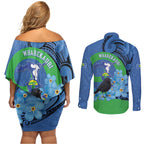 New Zealand Chatham Islands Couples Matching Off Shoulder Short Dress and Long Sleeve Button Shirt Wharekauri Forget Me Not With Black Robin