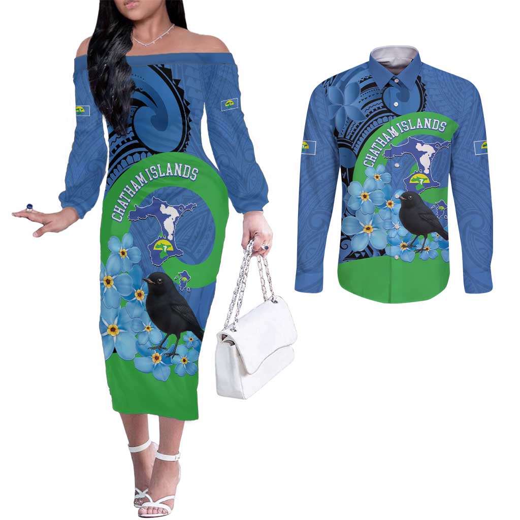 New Zealand Chatham Islands Couples Matching Off The Shoulder Long Sleeve Dress and Long Sleeve Button Shirt Wharekauri Forget Me Not With Black Robin