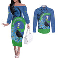 New Zealand Chatham Islands Couples Matching Off The Shoulder Long Sleeve Dress and Long Sleeve Button Shirt Wharekauri Forget Me Not With Black Robin