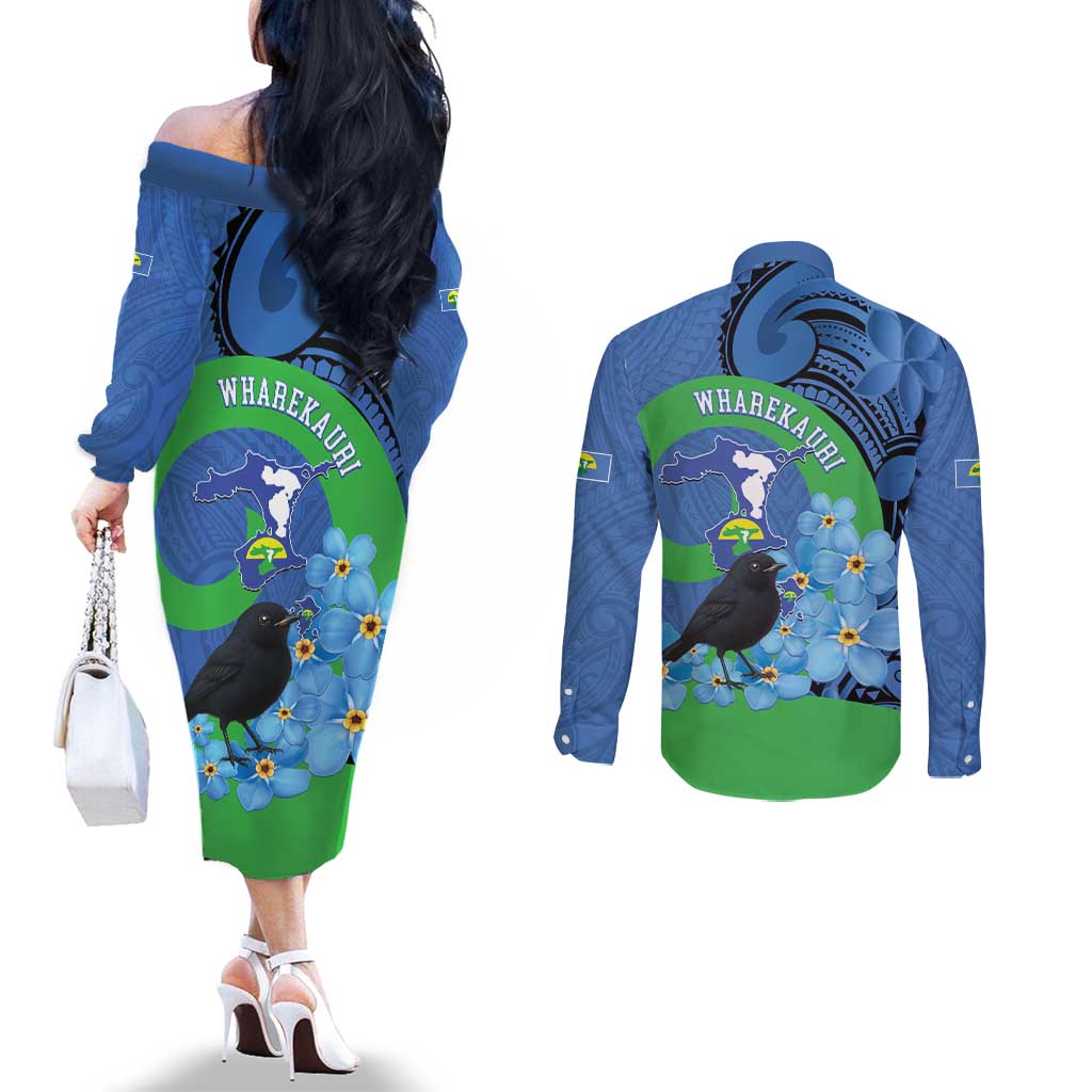 New Zealand Chatham Islands Couples Matching Off The Shoulder Long Sleeve Dress and Long Sleeve Button Shirt Wharekauri Forget Me Not With Black Robin